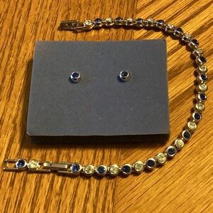 Avon VTG Sparkling Crystal Tennis Bracelet & Earrings Set, Sapphire color